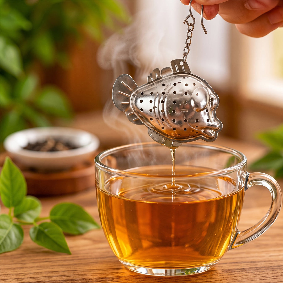 A hand holds a silver fish-shaped tea infuser, dripping into a clear glass mug of steamy amber tea.