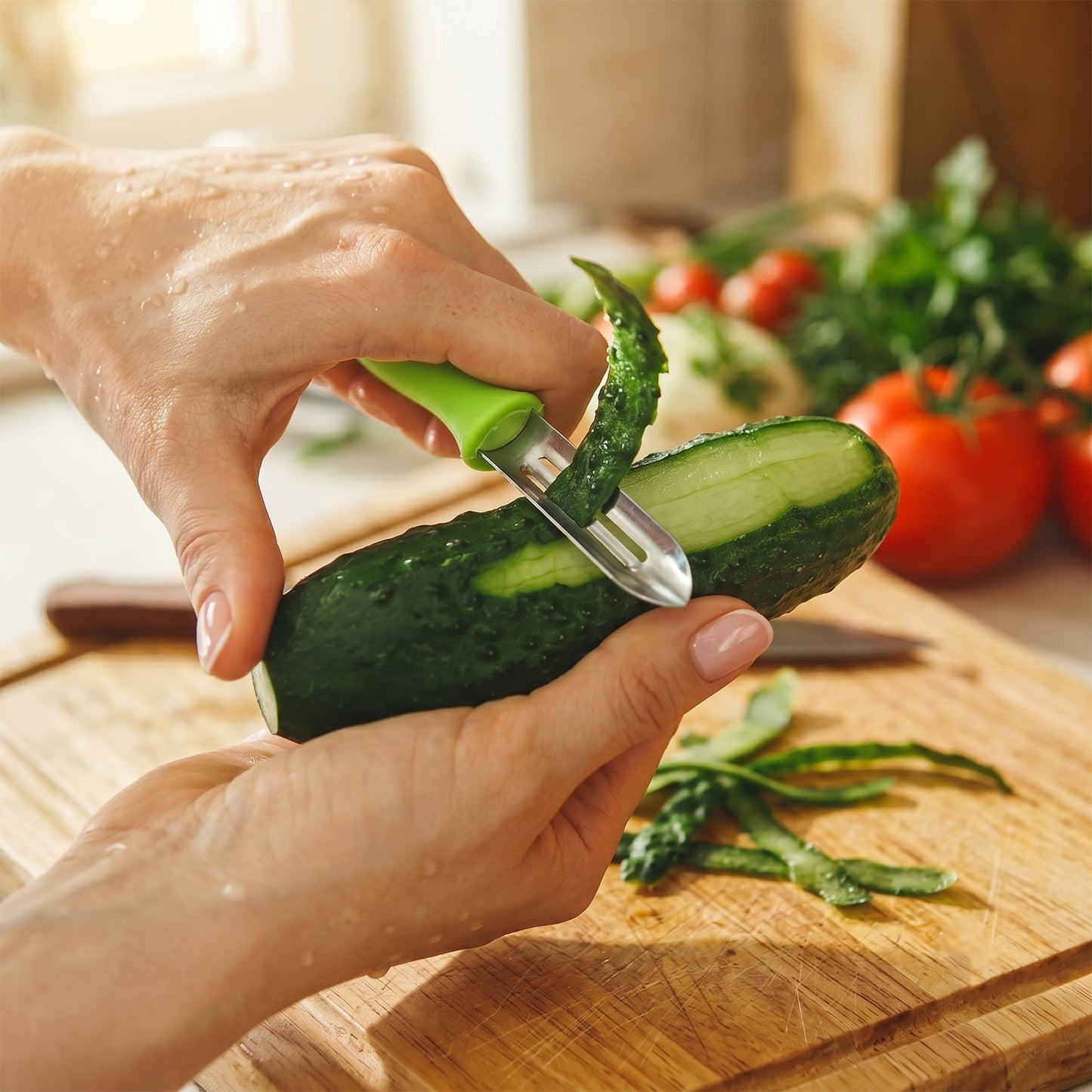 Hand using a swivel peeler to peel a carrot
