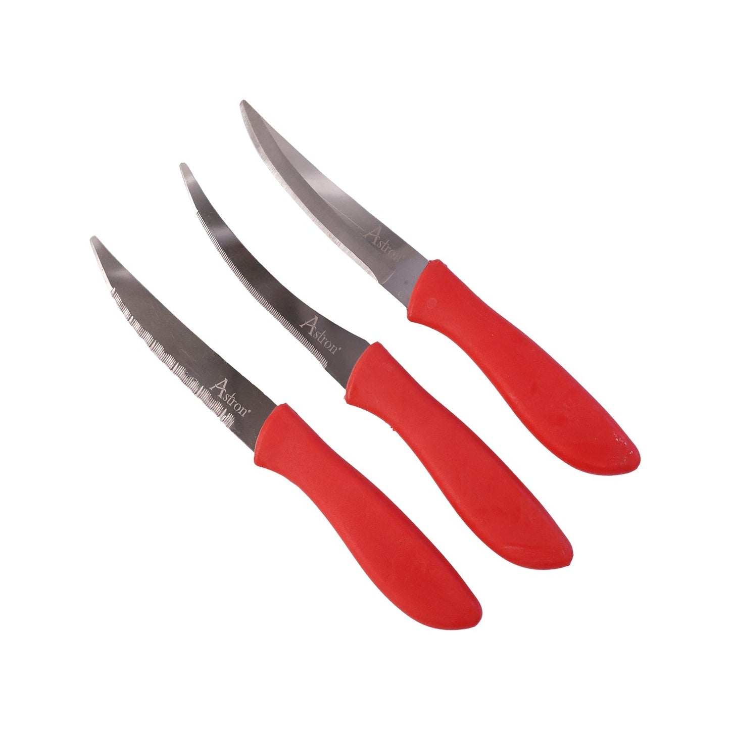 Three different stainless steel kitchen knives with sharp blades