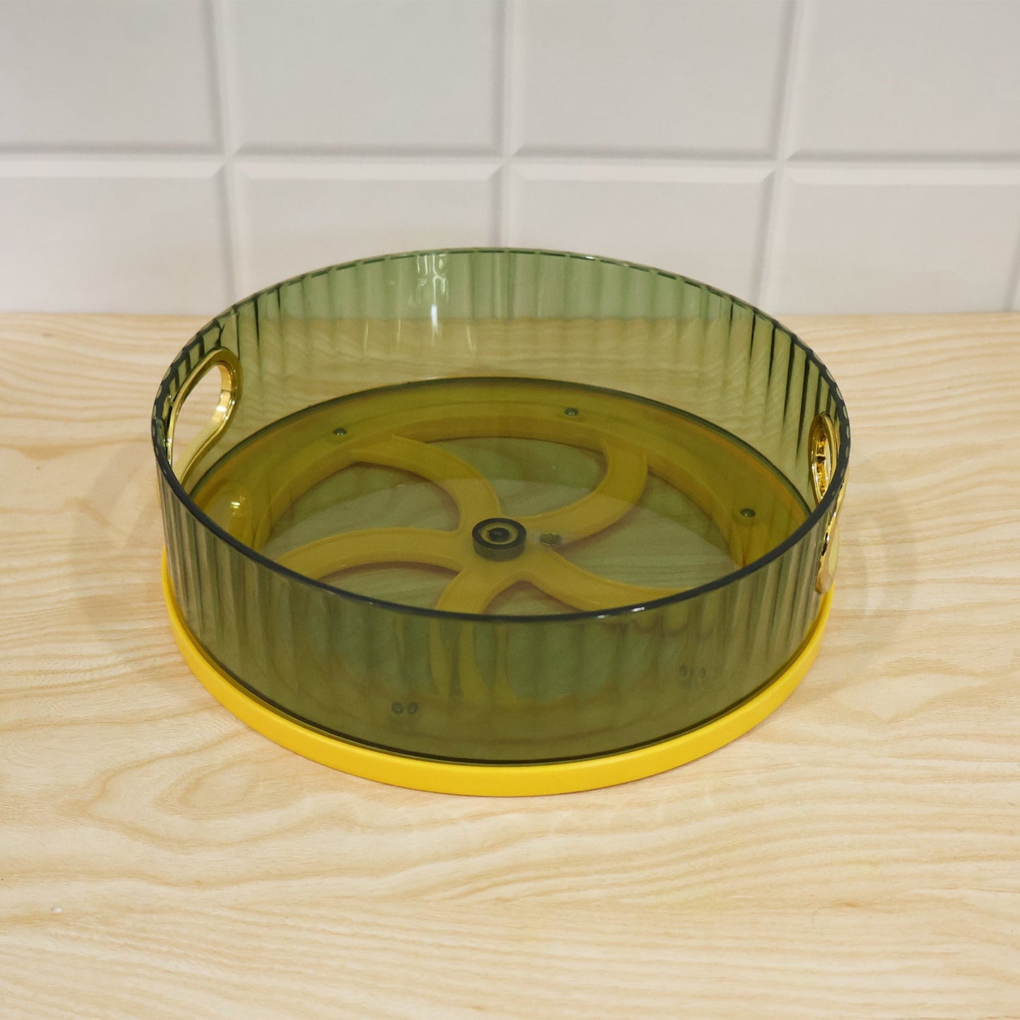 Live photo of plastic round rotating storage basket