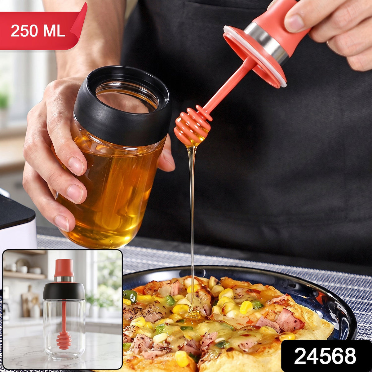 A glass honey dispenser with a red silicone dipper and black lid, with a small version in the corner.