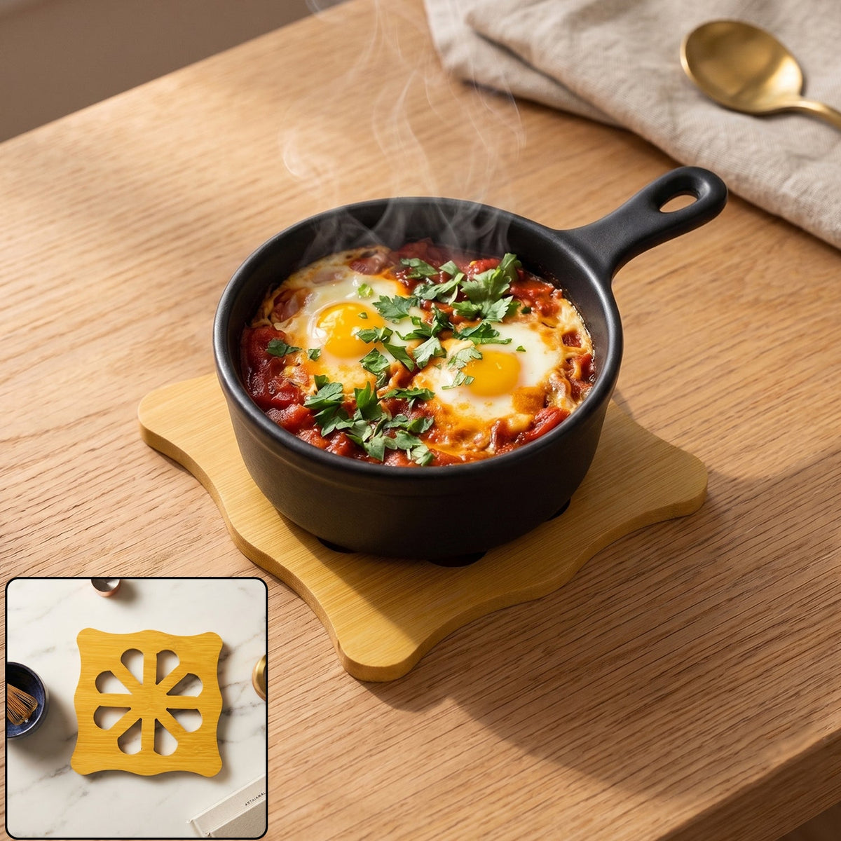 Square wooden trivet coaster supporting hot cookware