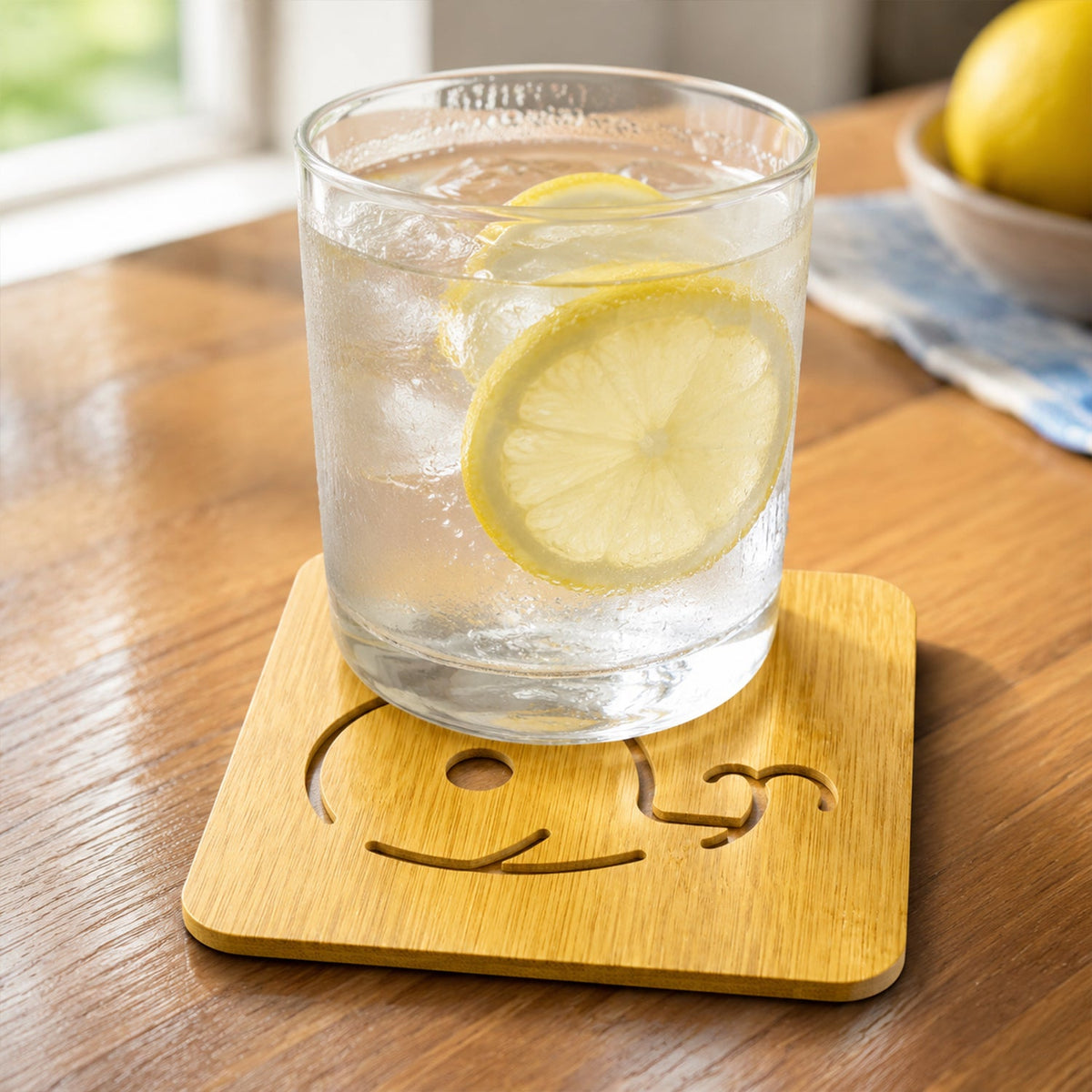 Wooden drink coaster with cold glass