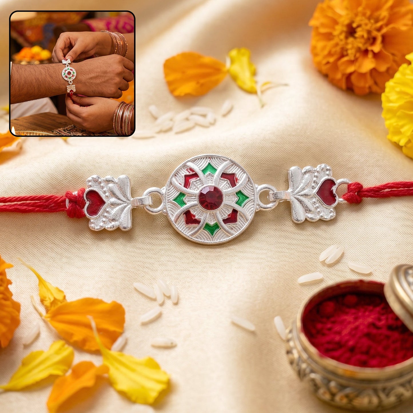 Silver decorative rakhi with red and green beads in close-up focus