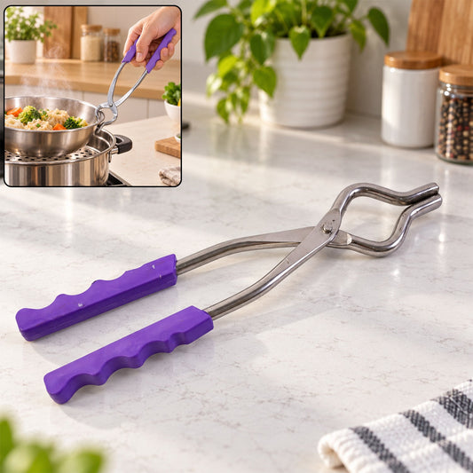 Stainless steel pot lifter with purple handles on a white marble counter, with an inset showing it in use.