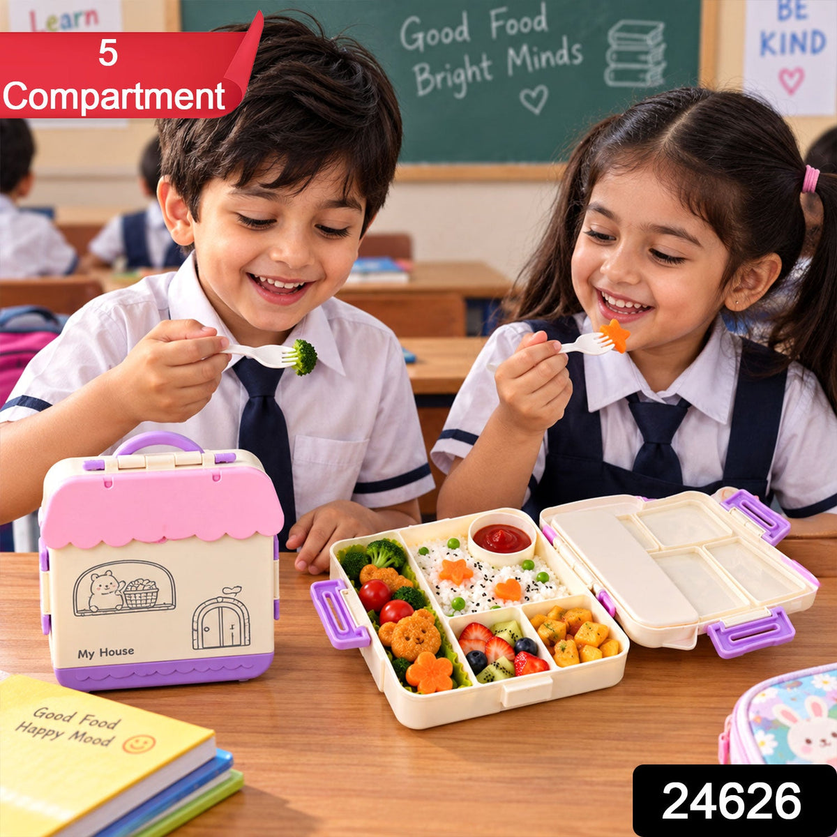 Two happy kids in a classroom setting enjoying their meal from a five-compartment house-shaped lunchbox.