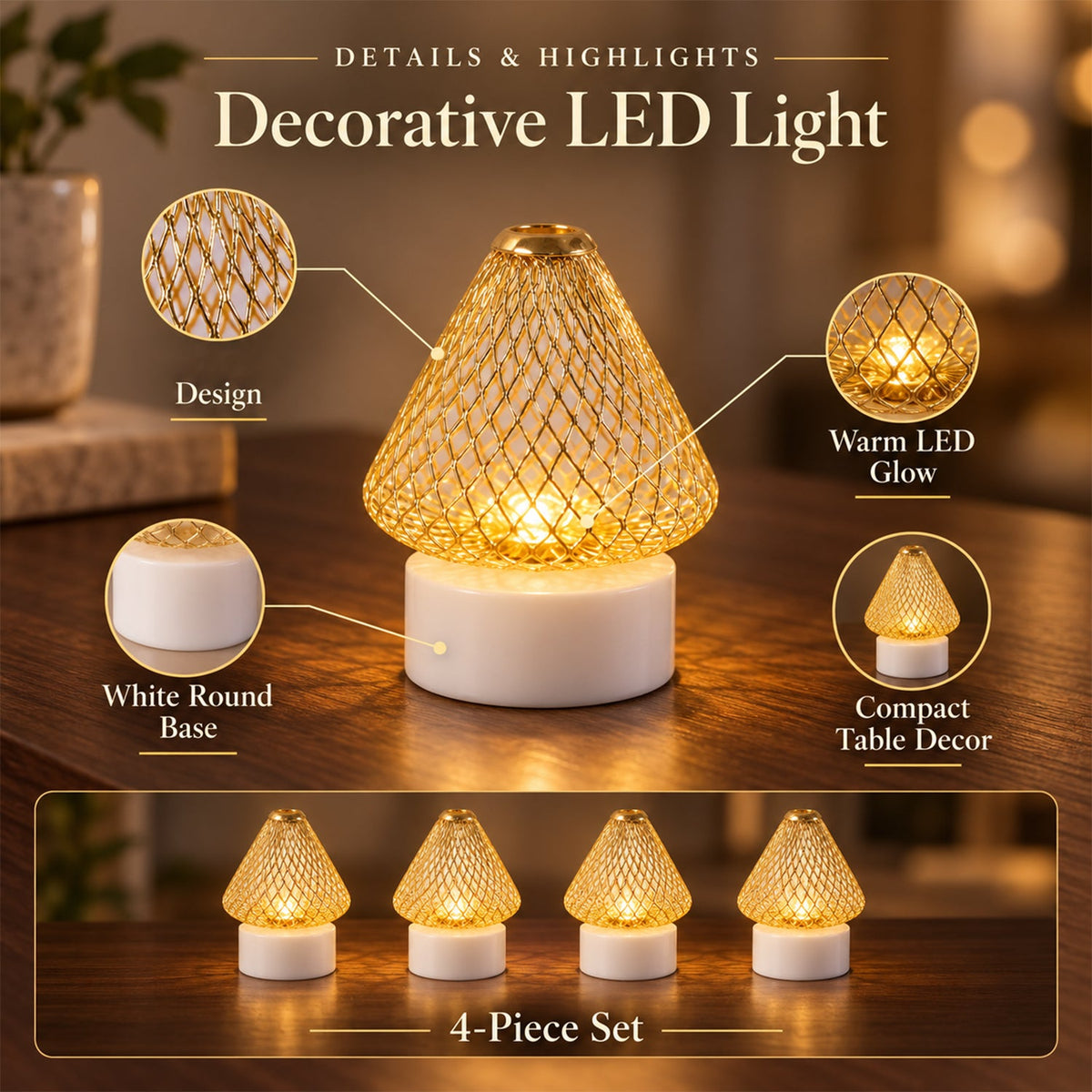 A single golden mesh LED light with a white base, surrounded by callouts detailing its design, warm glow, and compact size.