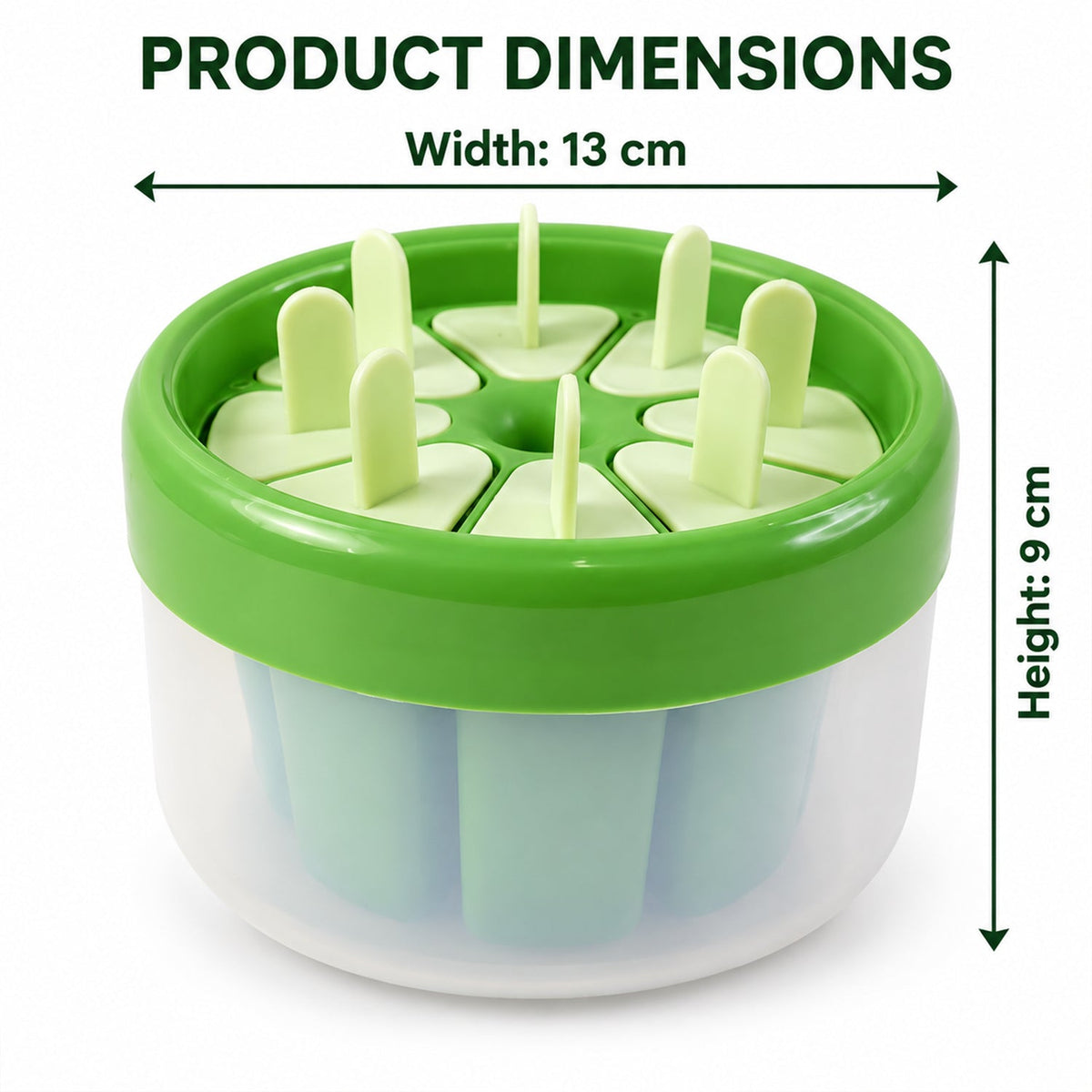 A green and white round plastic ice cream mold with eight light green stick lids, showing product dimensions of 13 cm width