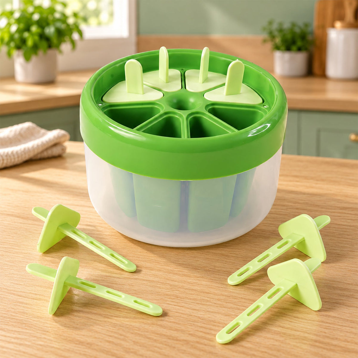 A green and white round plastic ice cream mold with four green stick lids on a wooden table, in a kitchen setting.
