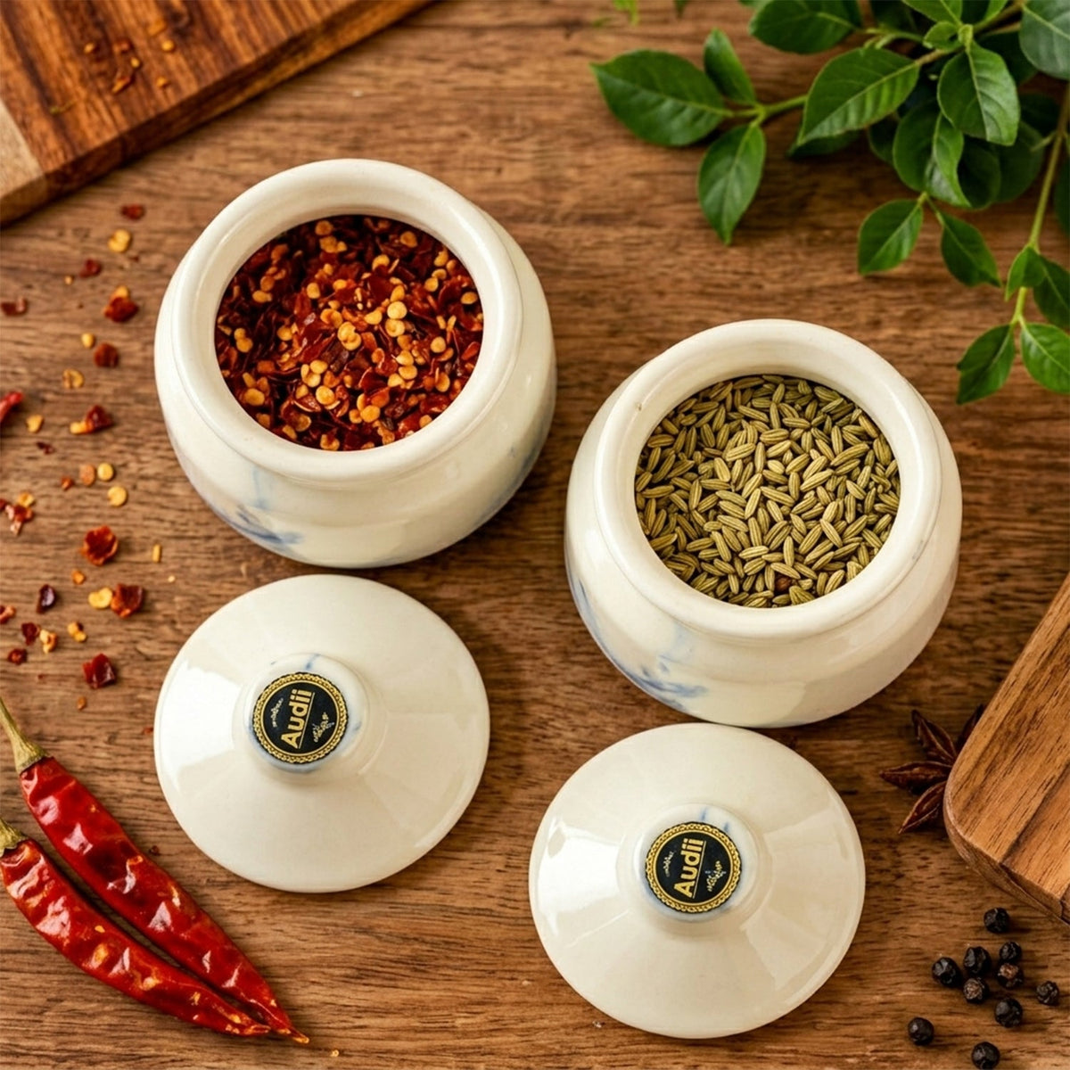 Decorative ceramic storage jars with matching lids set of two 07