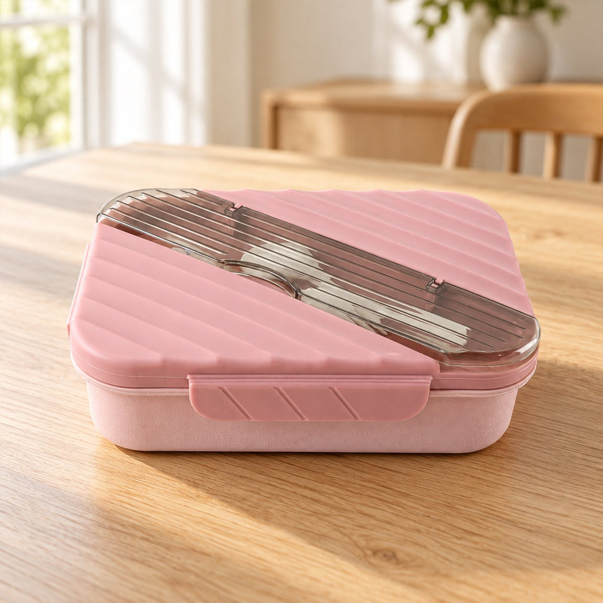 A closed pink lunchbox with a textured lid and clear utensil holder sits on a light brown wooden table in a sunlit room.