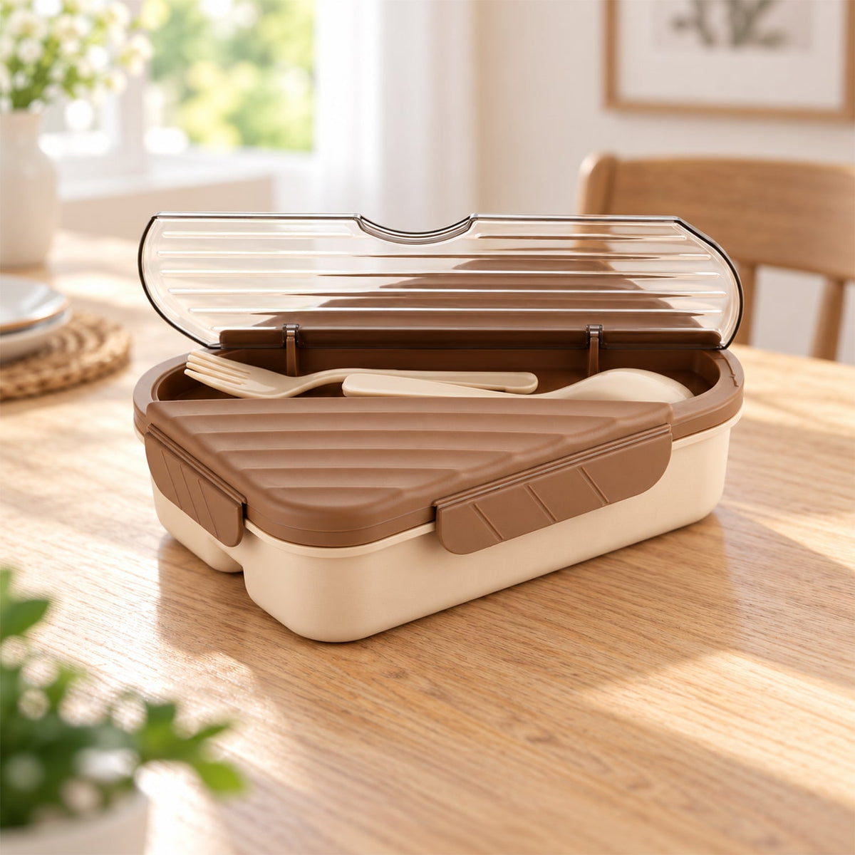 An open brown and cream lunchbox with a ribbed lid reveals a spoon and fork stored inside, on a wooden table.