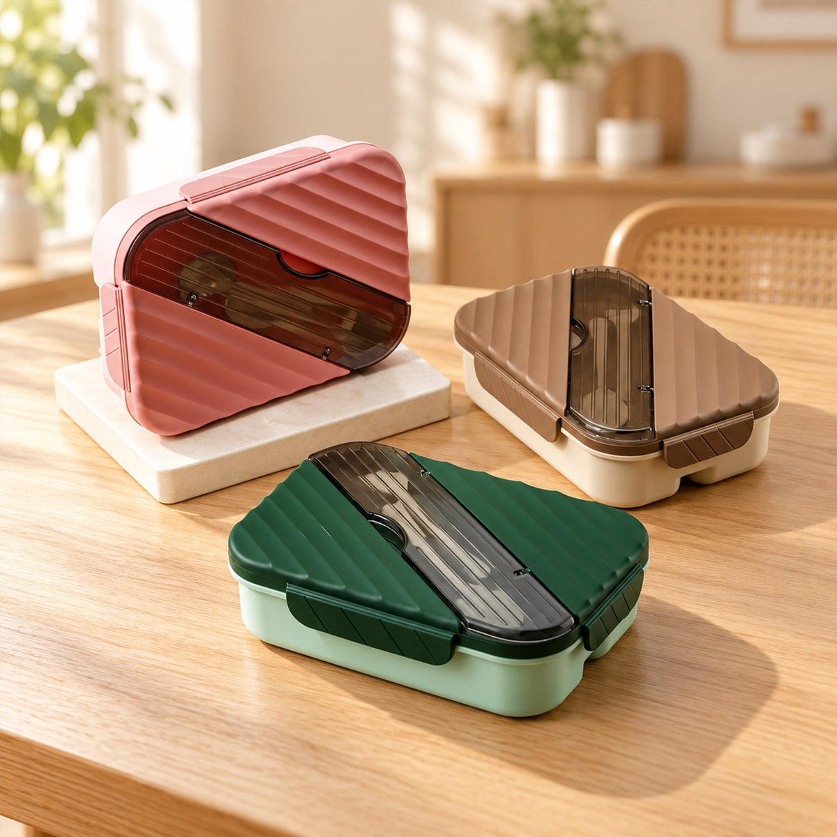 Detail of the translucent cover over the cutlery storage in the lid