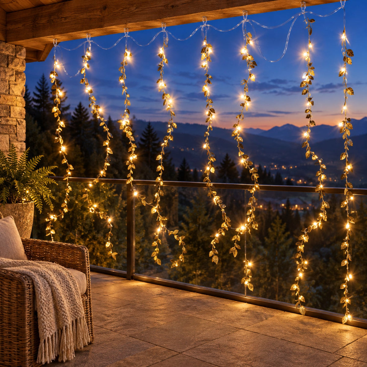 Golden leaf curtain string lights on a balcony