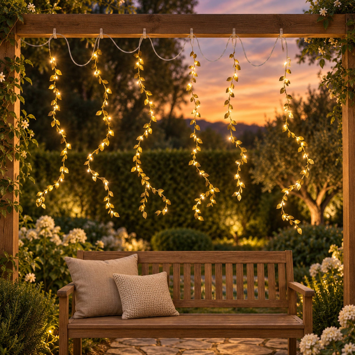 Leaf light strands displayed above a bench