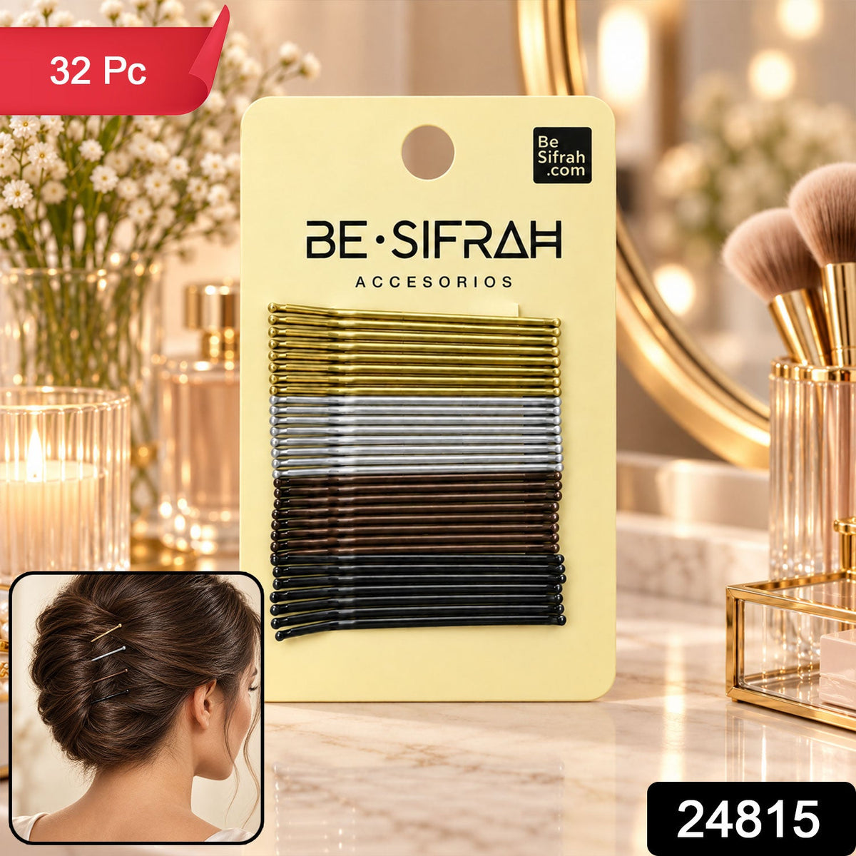 A yellow card displays gold, silver, brown, and black bobby pins, with a red banner saying '32 Pc'.