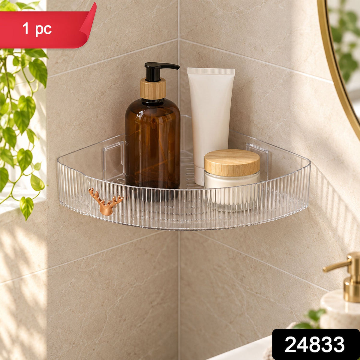 Transparent corner shelf with toiletries on a tiled wall, with a red "1 pc" banner and black product number.