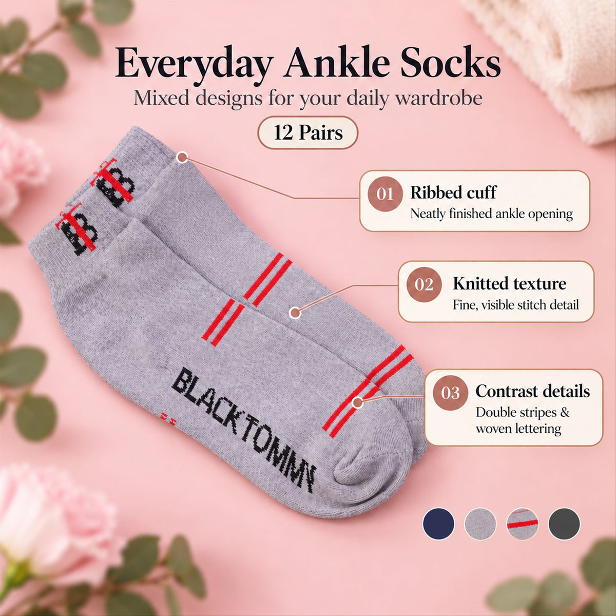 A single grey ankle sock with red stripes and text lays on a pink surface with descriptive text overlays.