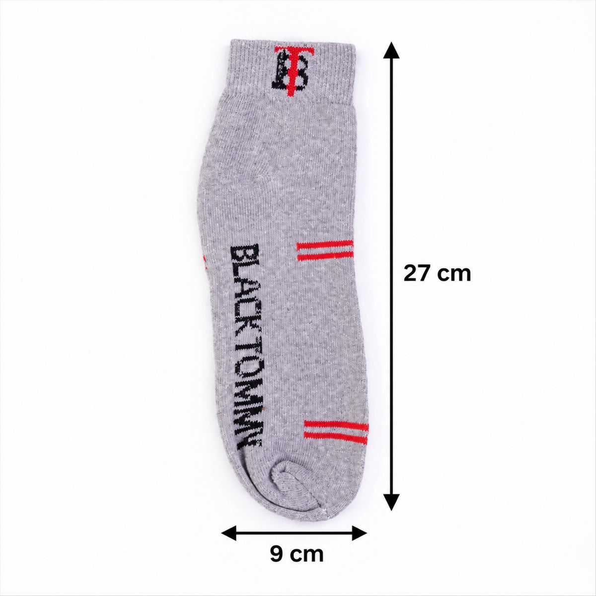 A single grey ankle sock with red stripes and text displays its length and width measurements on white.