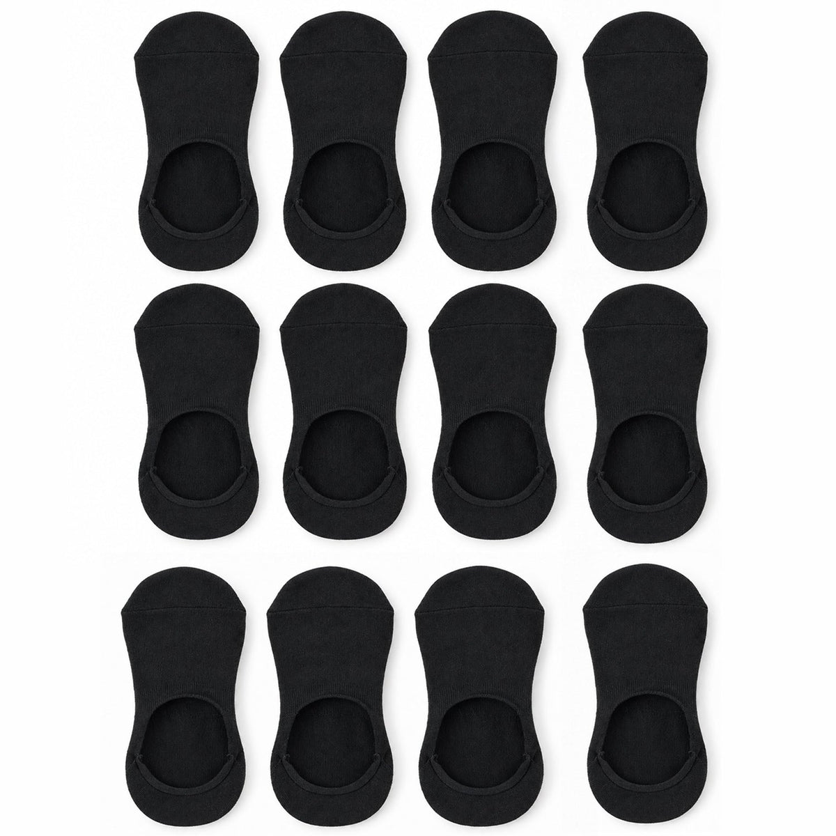 Twelve individual black low-cut socks arranged neatly in four rows of three on a white background.