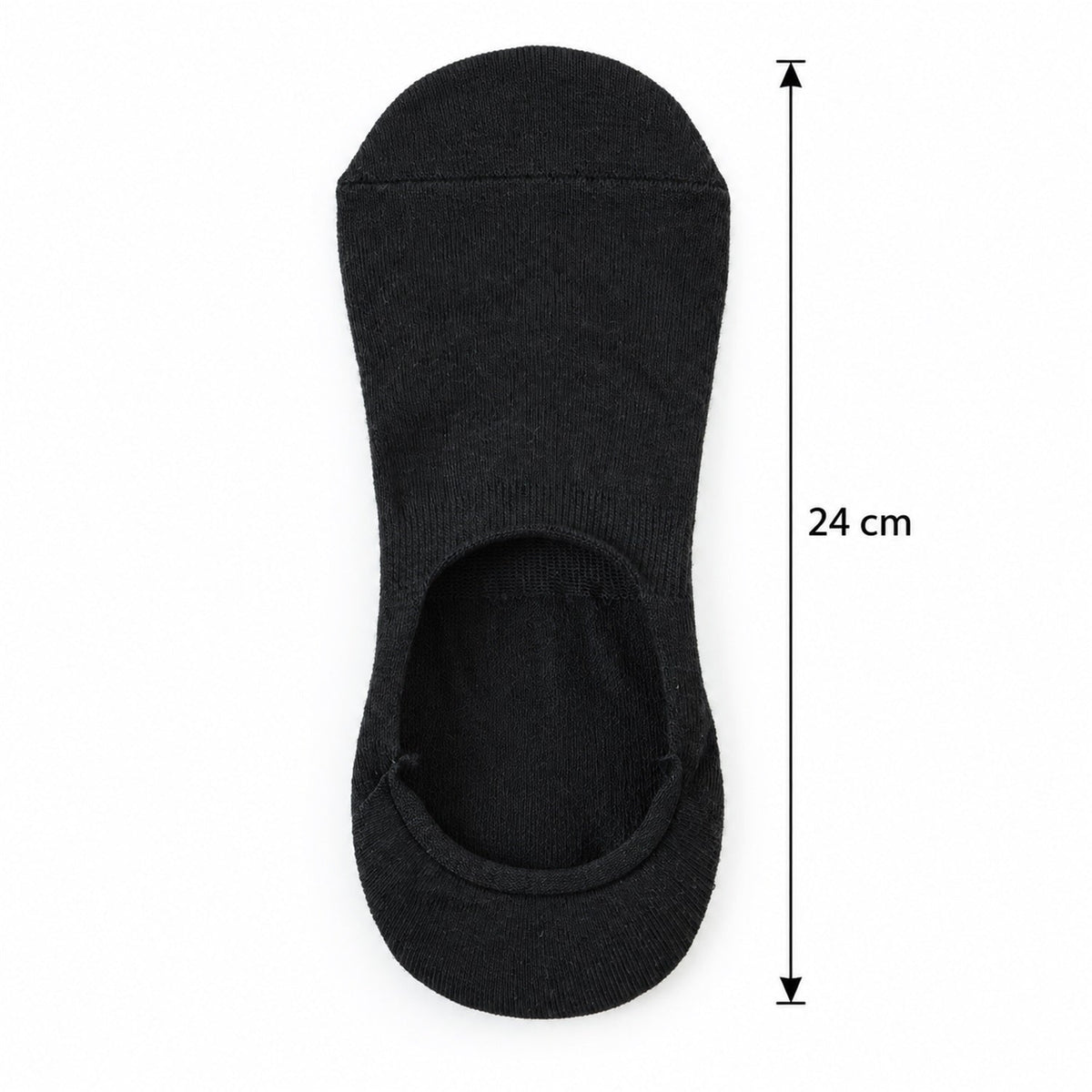 A single black low-cut sock displayed with a measurement indicating its length of 24 cm.