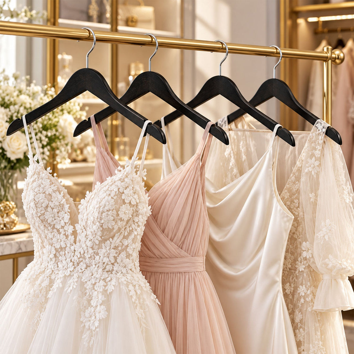 Four premium clothes hangers with metal hooks arranged neatly.