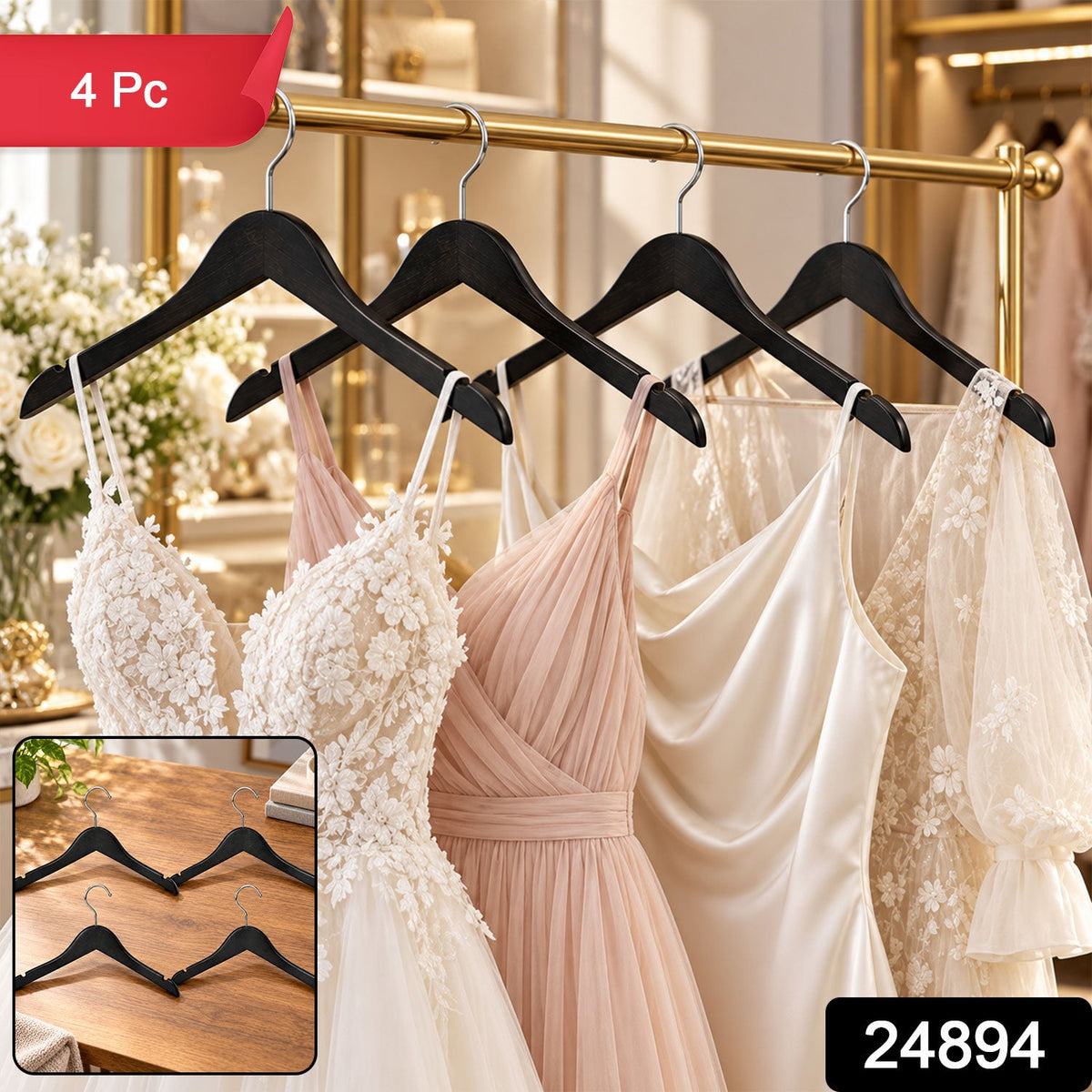 Close up of four clothes hangers with metal hooks for wardrobe storage.