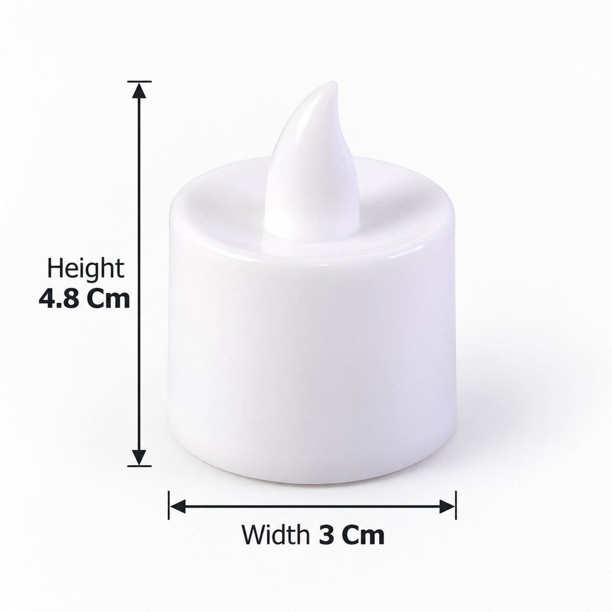 A single white flameless tealight candle is shown with precise height and width measurements indicated by black arrows and
