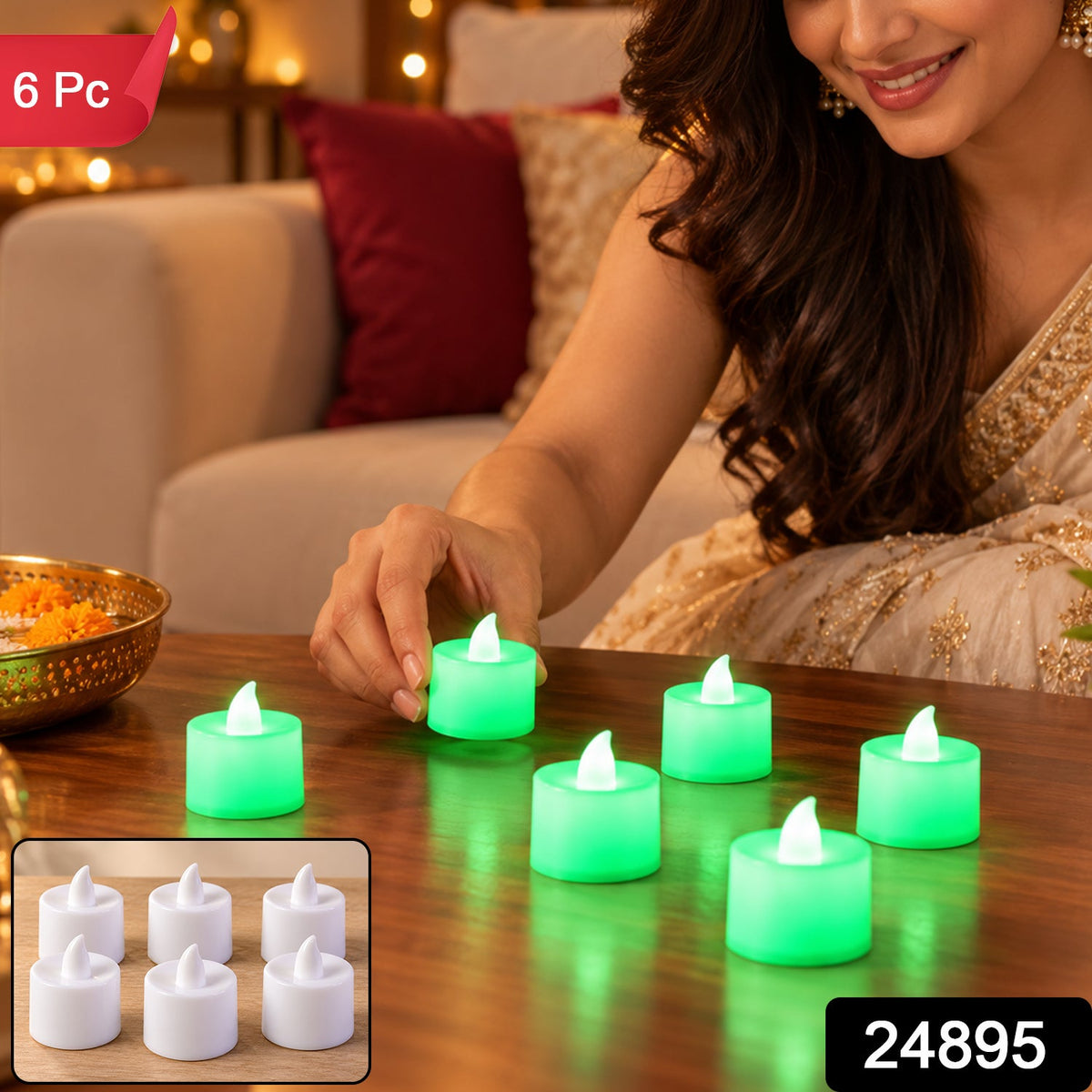 A woman's hand reaches for one of six glowing green flameless tealight candles; an inset shows six white unlit candles.
