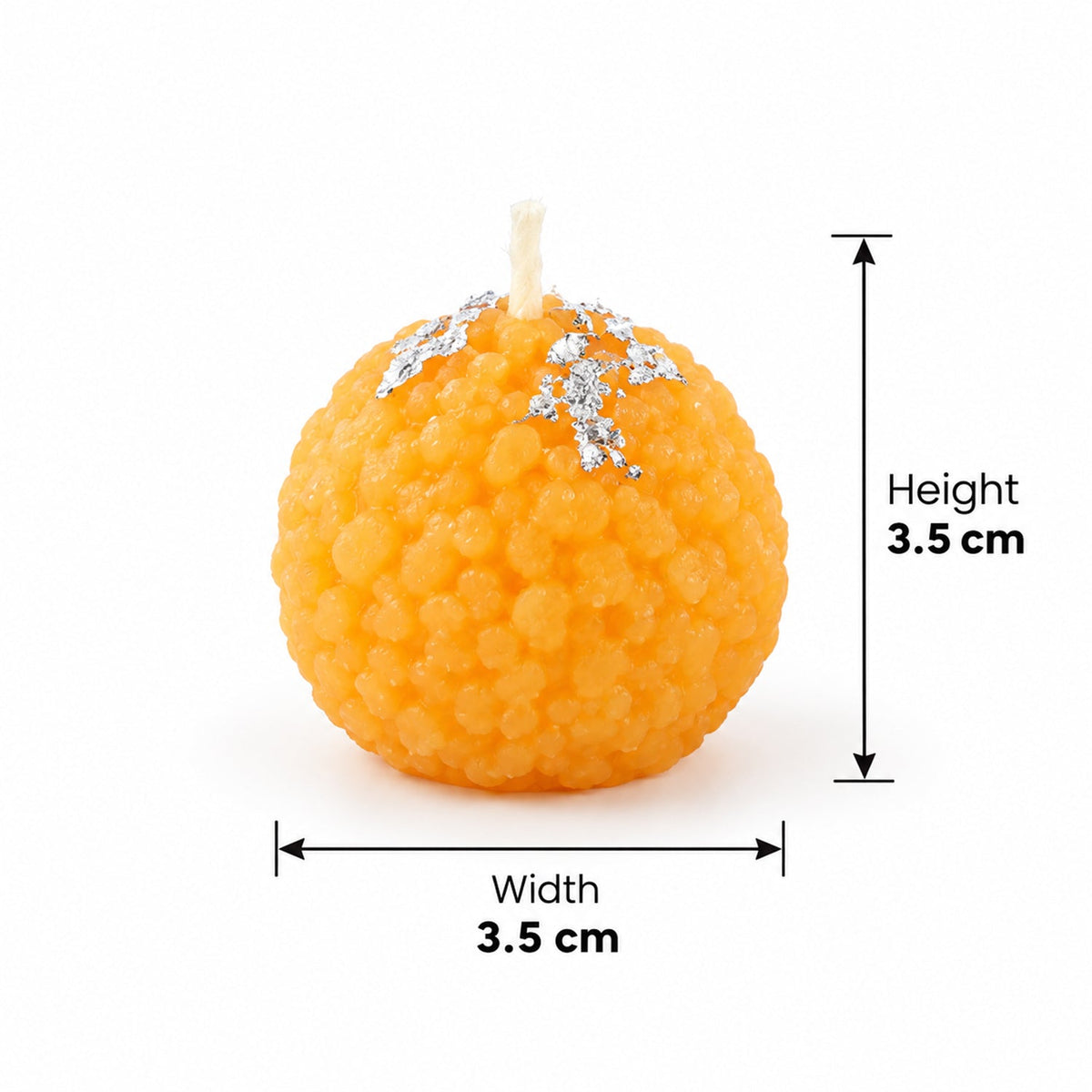 A single orange spherical candle with silver flakes and a wick, showing its 3.5 cm height and width.