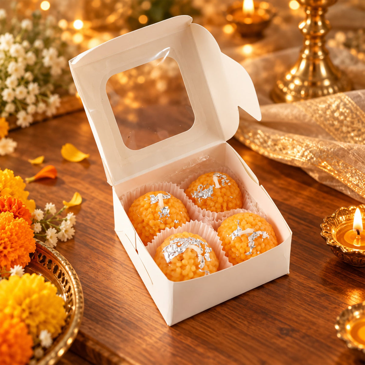 An open white box containing four orange spherical candles in cups, on a wooden surface with festive items.