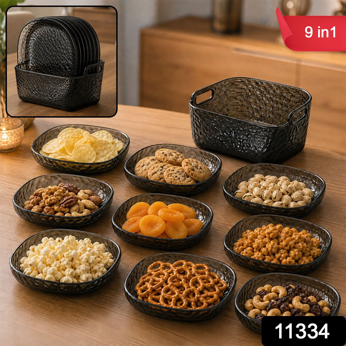 An overhead view of nine dark gray textured glass snack bowls, each containing a different treat, surrounding a larger
