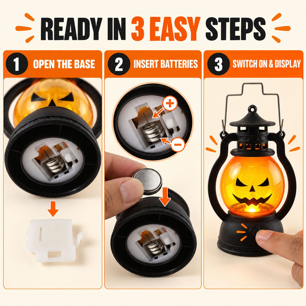 Mini Halloween pumpkin LED lantern set - battery setup guide