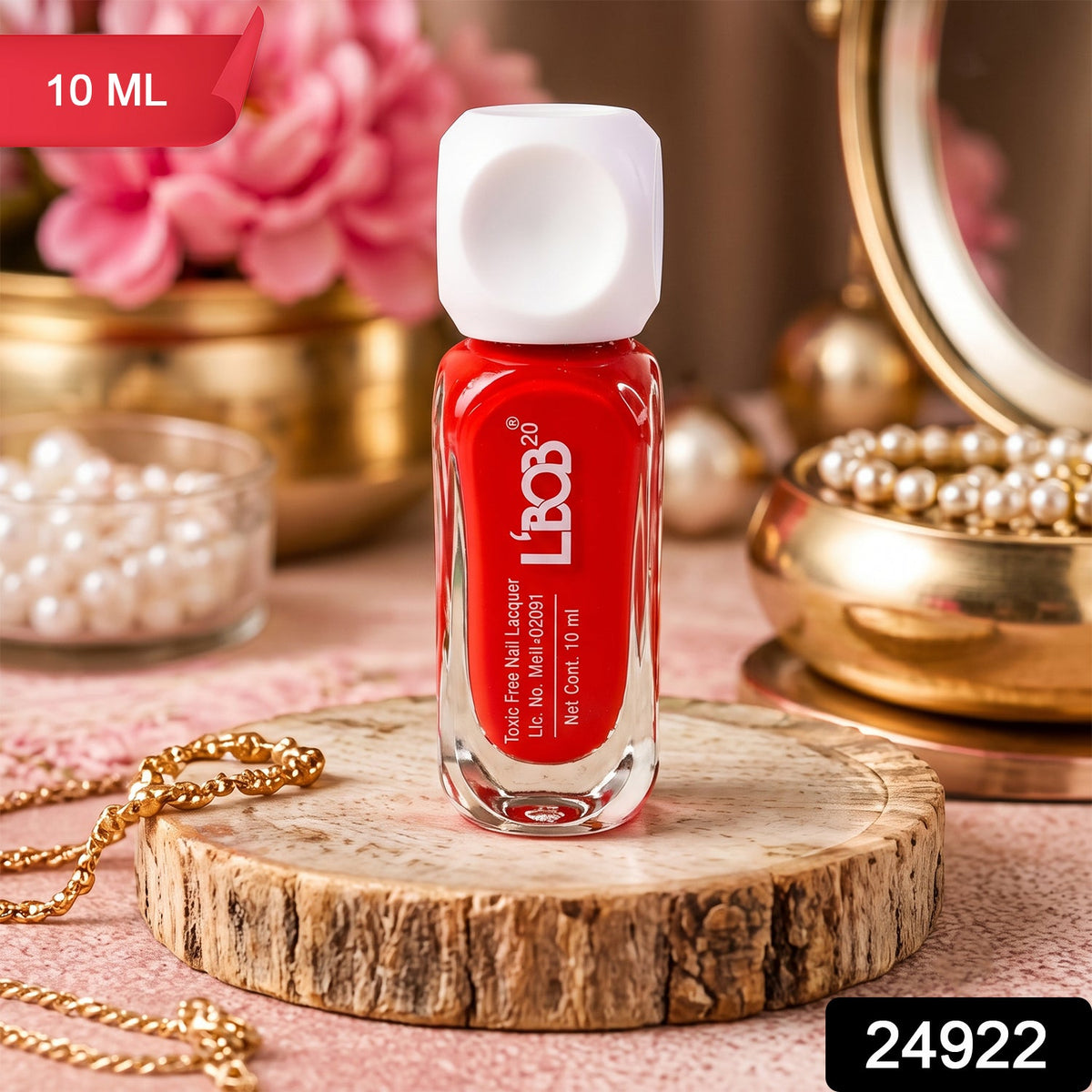 A red nail polish bottle with a white square cap on a wooden disc, with a 10 ML label and numbers in the corner.