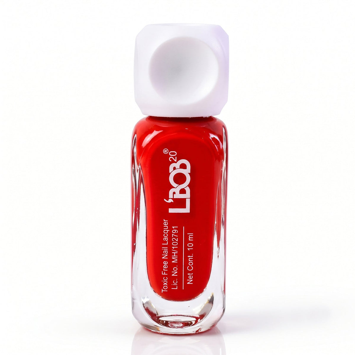 A red nail polish bottle with a white square cap stands upright against a plain white background.