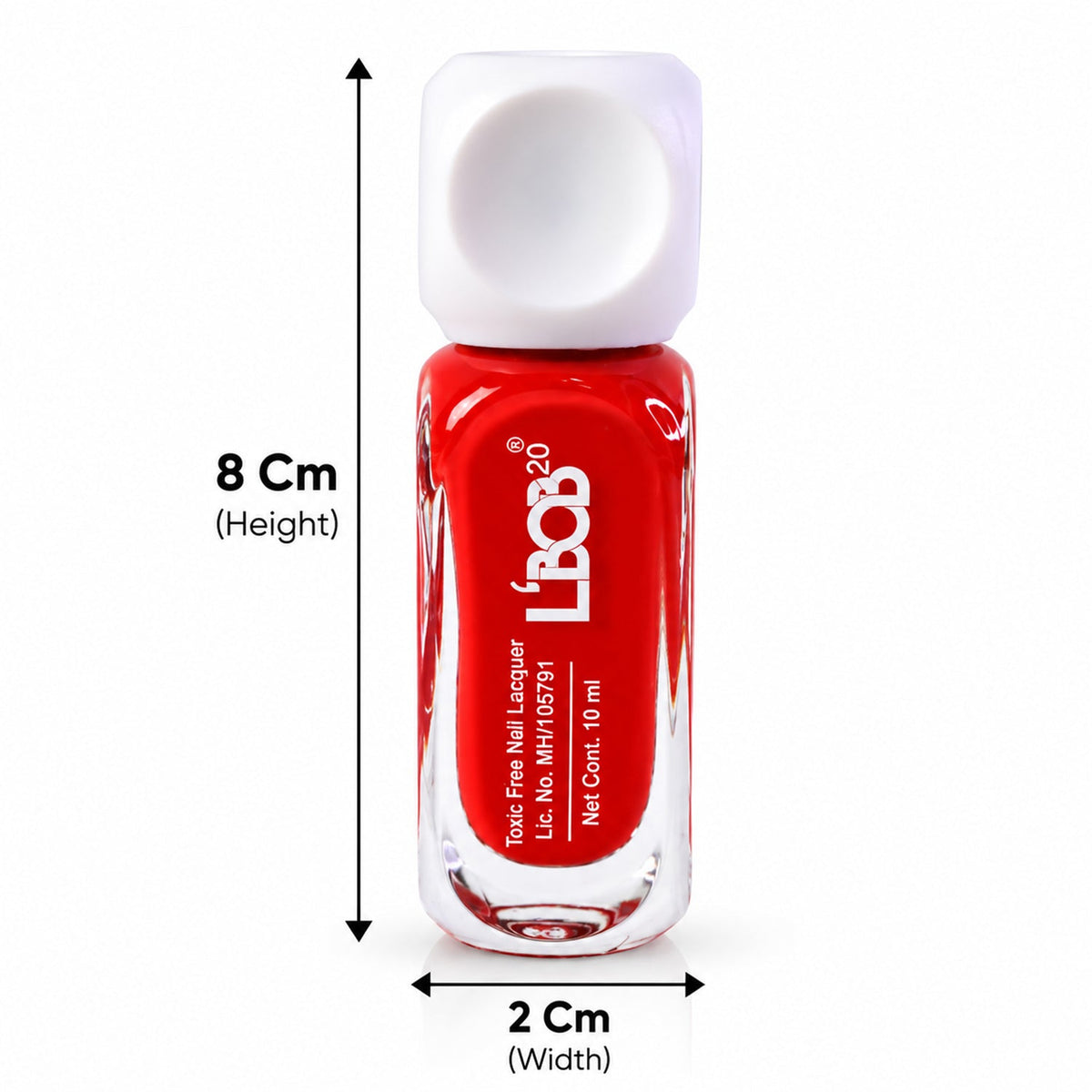 A red nail polish bottle with a white square cap and measurement labels indicating 8 cm height and 2 cm width.