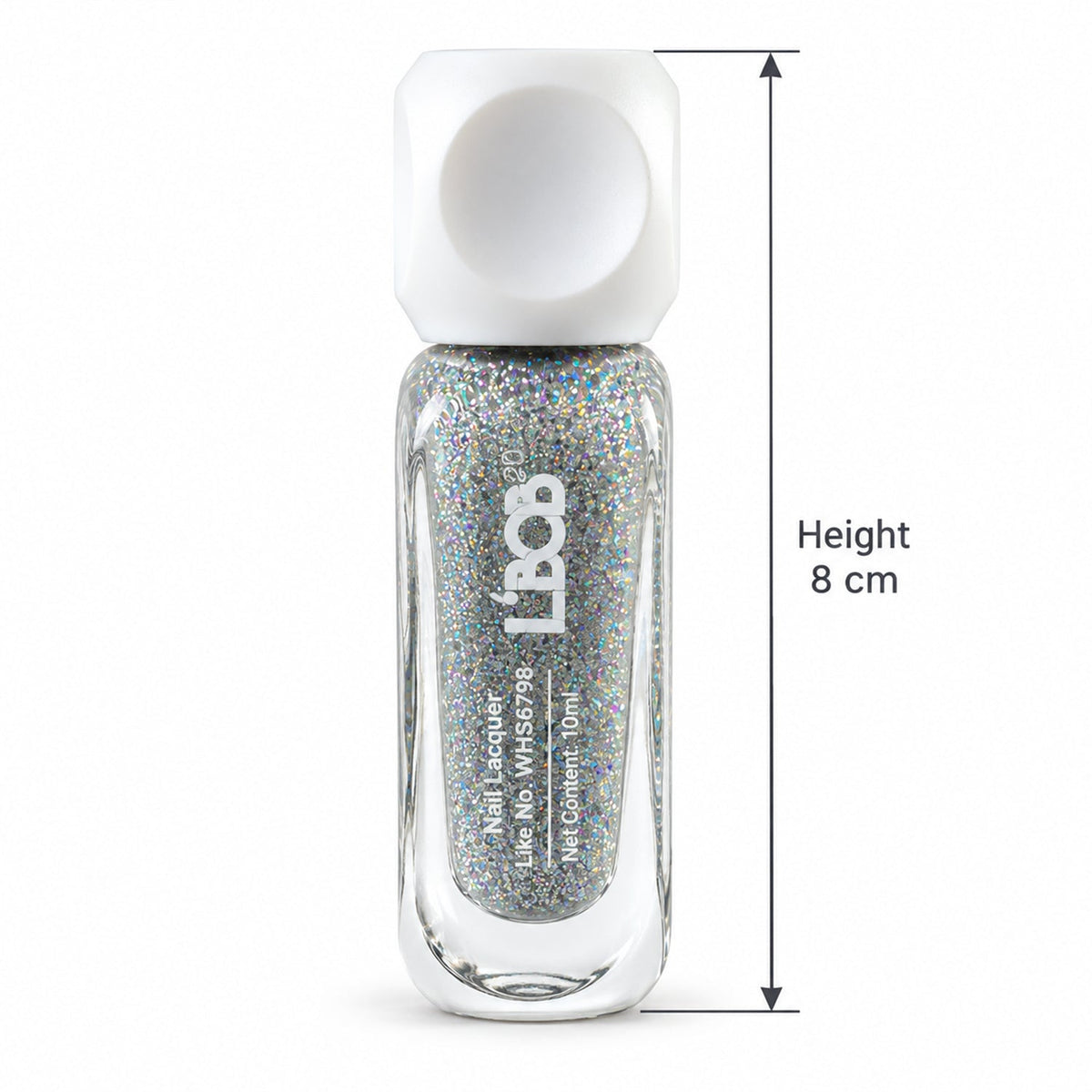 A clear bottle of silver glitter nail polish with a white cap, labeled with its 8 cm height measurement.