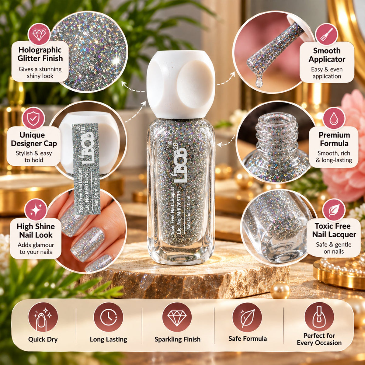 A collage highlighting features of the silver glitter nail polish, including its finish, applicator, cap, formula, and