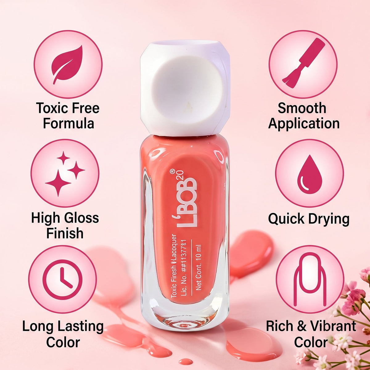 A peach coral nail polish bottle is surrounded by six circular icons highlighting its features: toxic-free, high gloss,