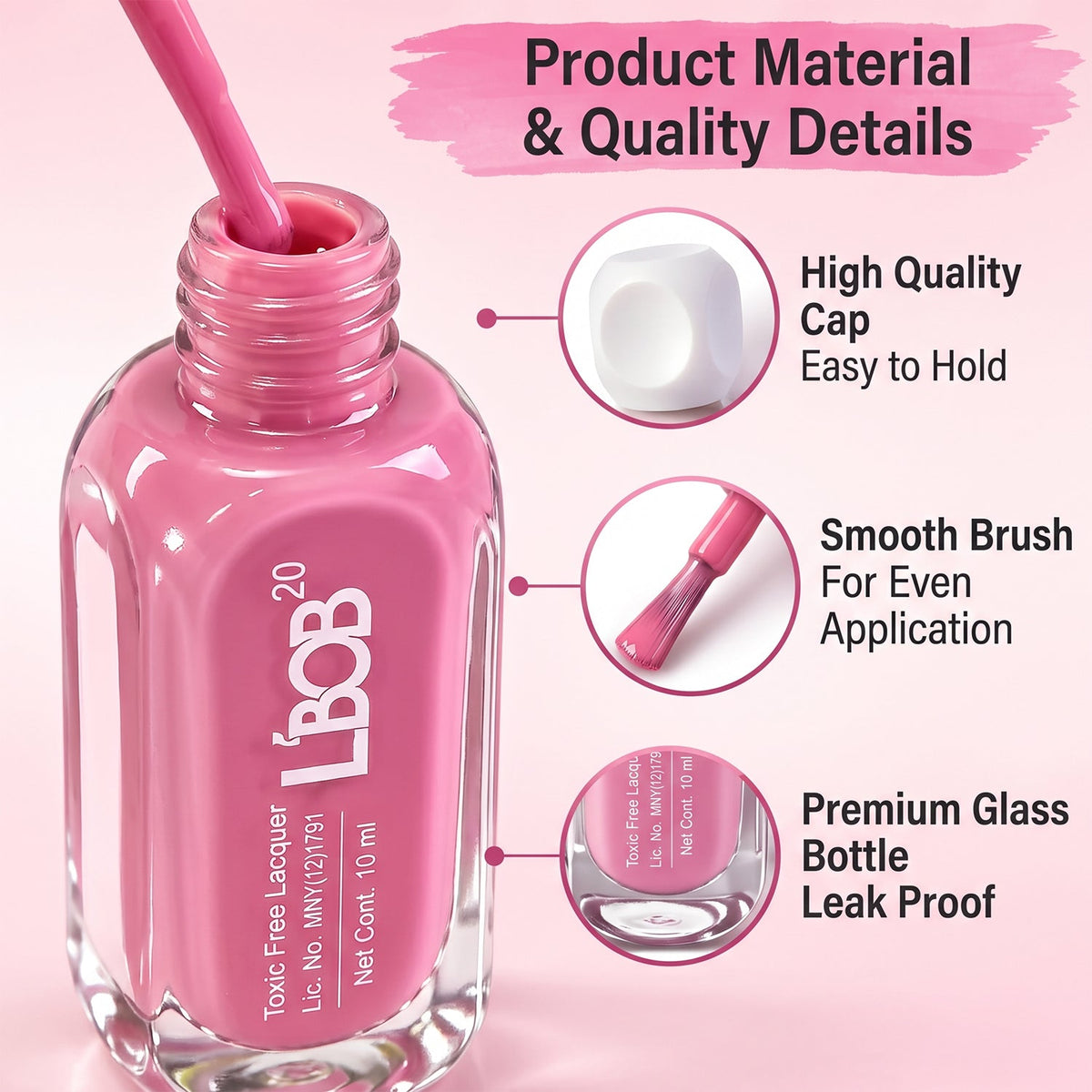 Close-up of a pink nail polish bottle with a brush, highlighting its cap, brush, and glass material details.
