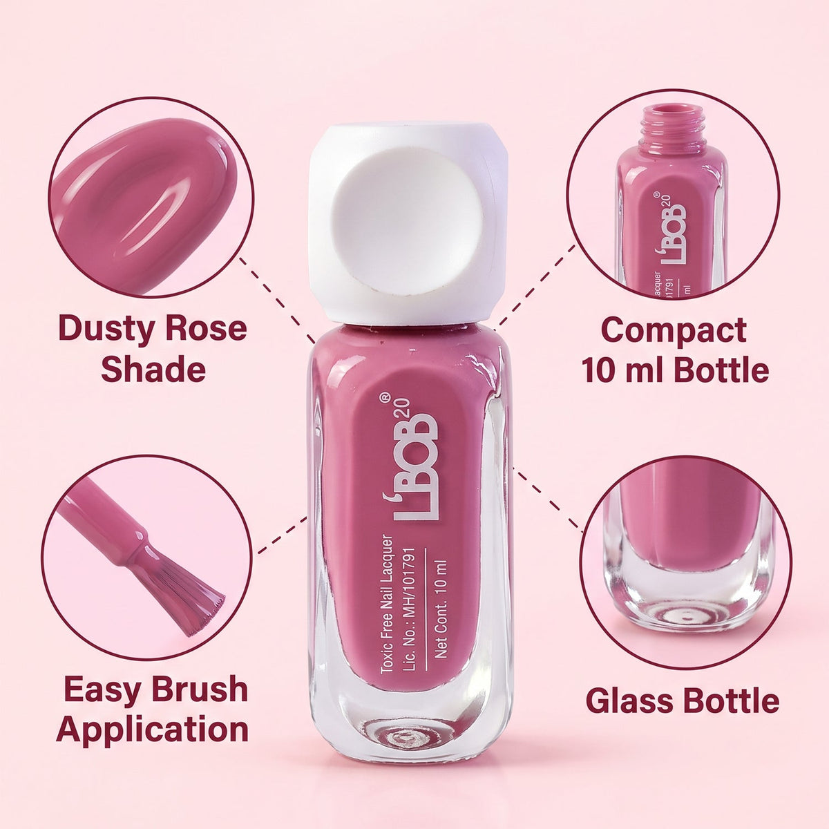 A bottle of mauve nail polish with callouts for its shade, size, bottle type, and brush.