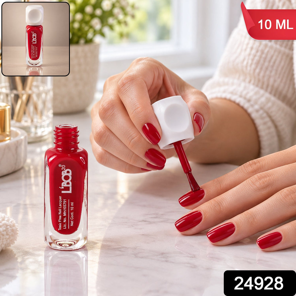 A person applies red nail polish, with a small inset showing the full bottle and product details.