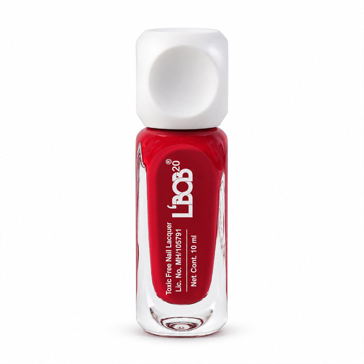 A clear bottle of red nail polish with a white square cap is shown on a plain white background.