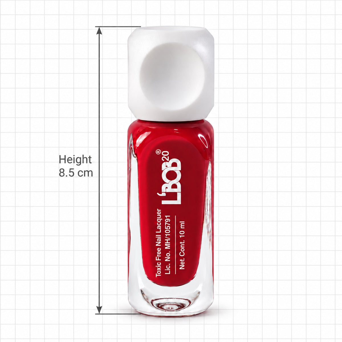 A bottle of red nail polish with a white cap is shown with a graphic indicating its 8.5 cm height.