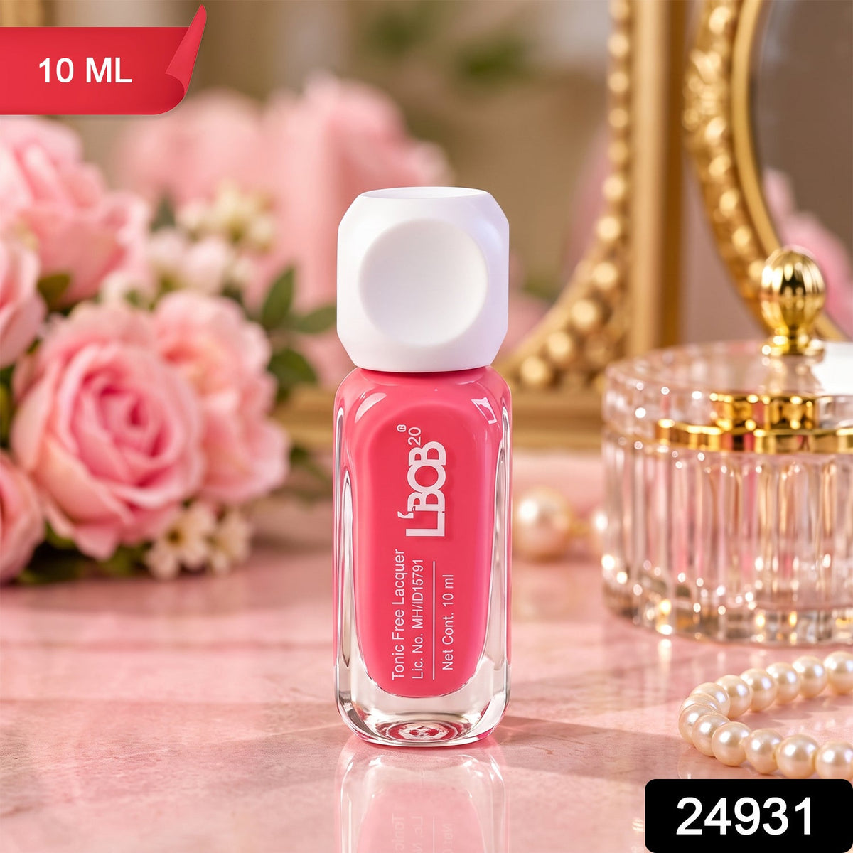 A pink nail polish bottle with a white cap is on a vanity, surrounded by flowers and a mirror, with a 10 ML label.