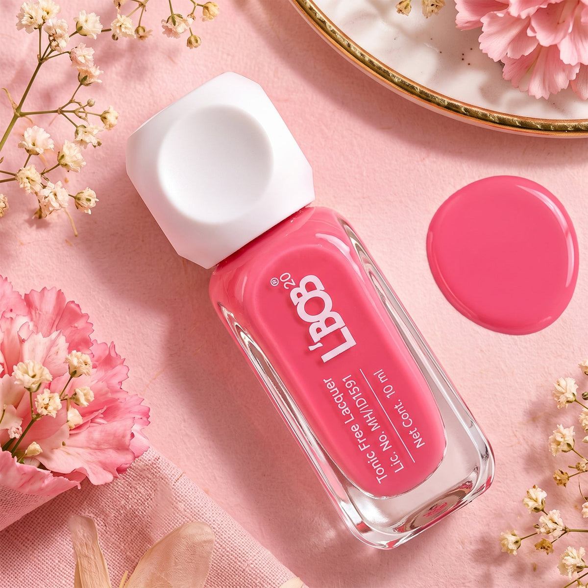 A pink nail polish bottle with a white cap lies on a pink surface next to a dollop of matching polish and small flowers.