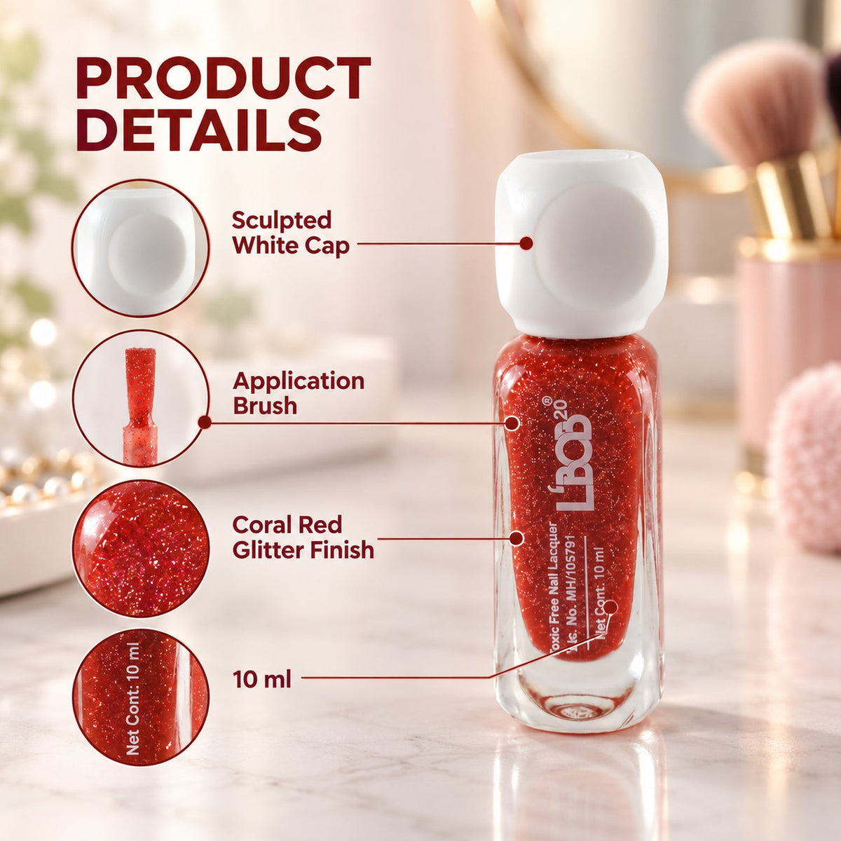 A small bottle of red glitter nail polish with details about its sculpted white cap, brush, and 10 ml content.