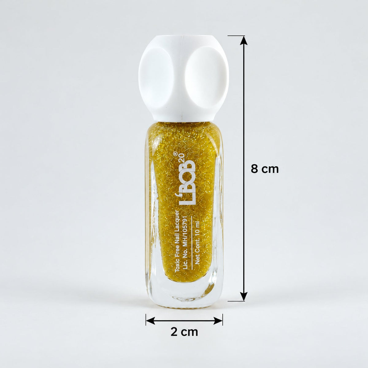 A bottle of gold glitter nail polish with a white cap, 8 cm tall and 2 cm wide.