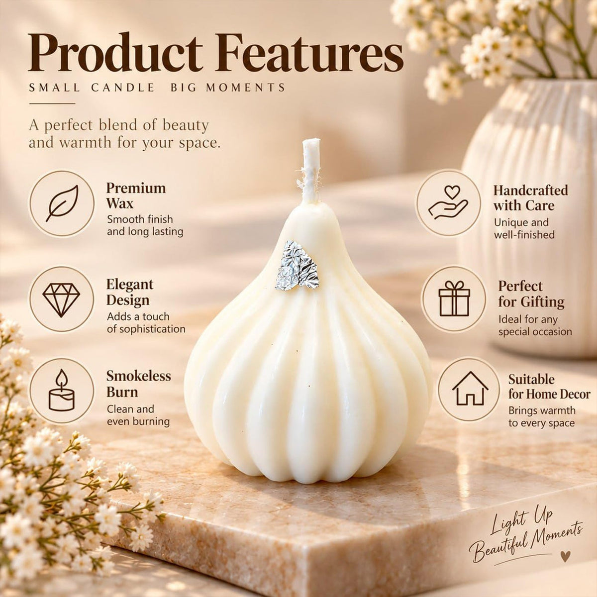 A large white modak-shaped candle with silver flakes, showcasing product features like premium wax and elegant design.