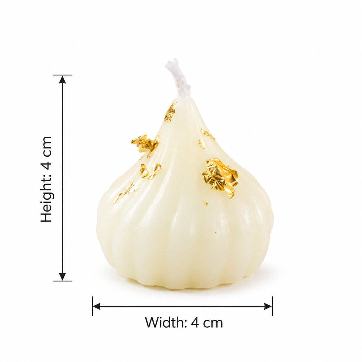 A single white modak-shaped candle with gold flakes, showing its height and width measurements of 4 cm each.